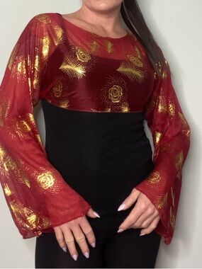 Upcycled Red Sheer Bell Sleeve Shrug S/M Gold Floral Scarf Top